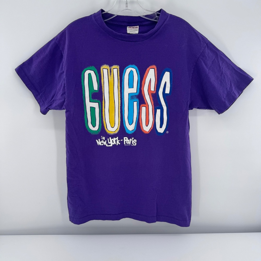 Vintage 1990 Guess Georges Marciano Purple Graphic T-Shirt‎ New York Paris USA M